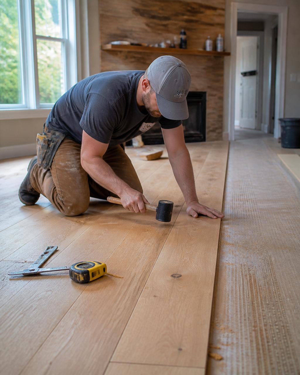 Craftsman carefully installing quality luxury vinyl plank flooring
